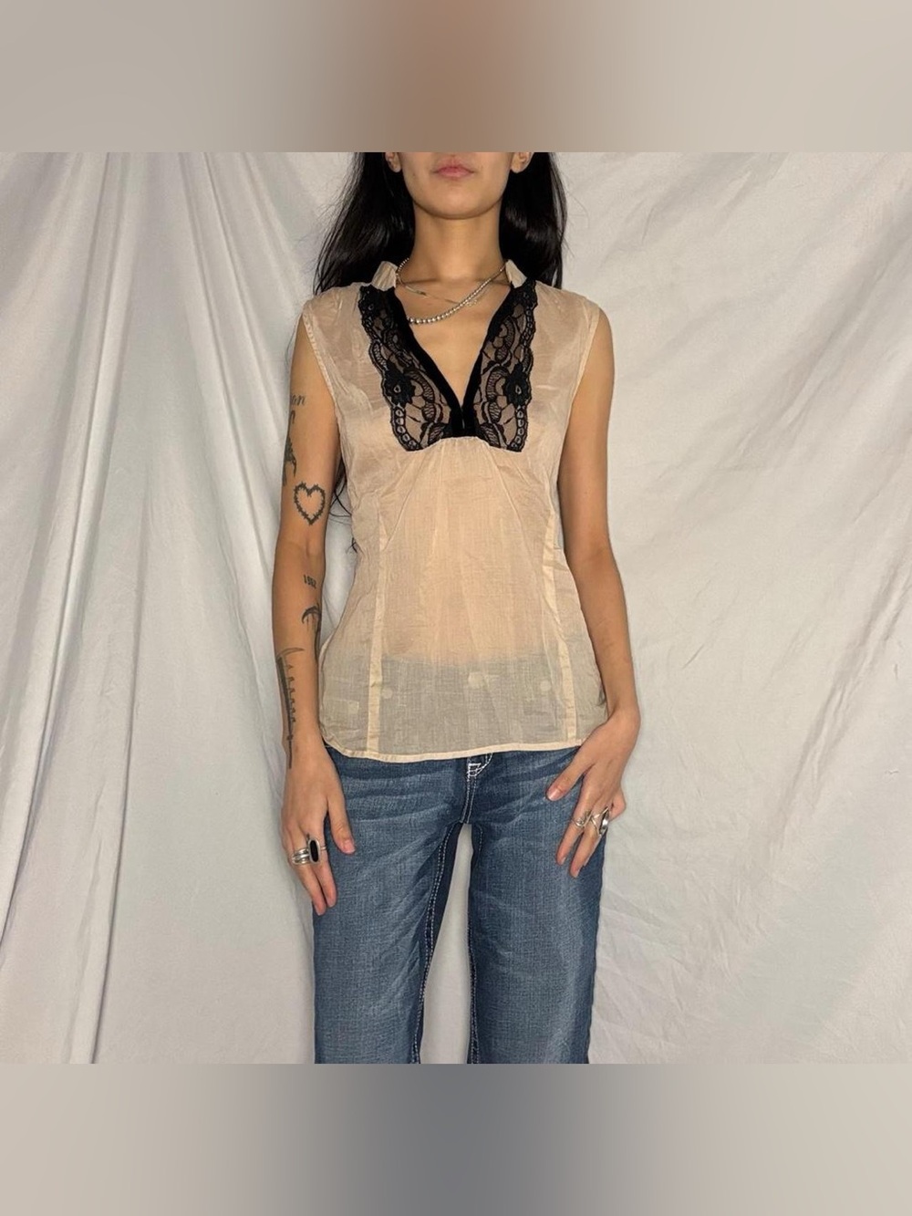 Mossimo Cream/ Pale Pink Sheer Top W Black Lace Velvet Trim Size Medium